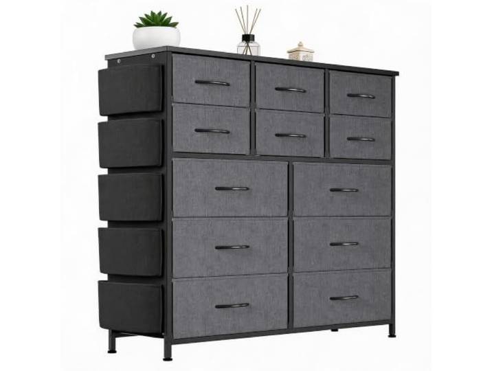 GarveeMore Kommode mit 12 Schubladen, Stoffschrank 99x30x110 cm Stoff Aufbewahrungseinheit mit stabilem Metallrahmen & Holzplatte, hoher Vertikaler Stauraumschrank für Kleidung & Spielzeug
