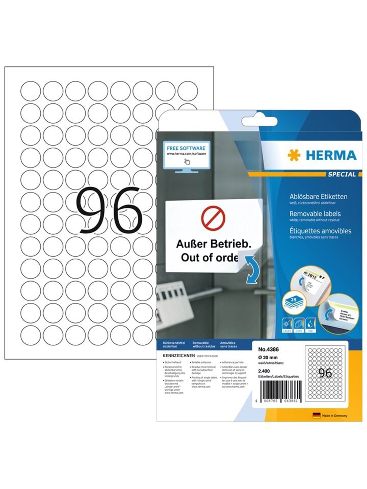 HERMA Ablösbare Etiketten A4, Ø 20 mm, rund, weiß