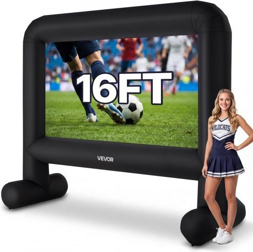 VEVOR opblaasbaar projectiescherm 16:9 met opbergtas, zwart en wit, B/D/H: 378 x 130 x 317 cm