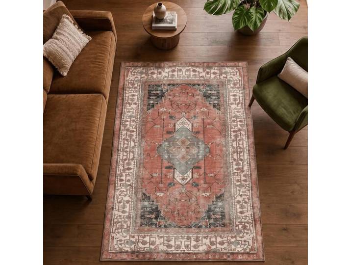 Tapis Vintage Mandala 200 x 300 cm Rose-Sauge Lavable 3 mm