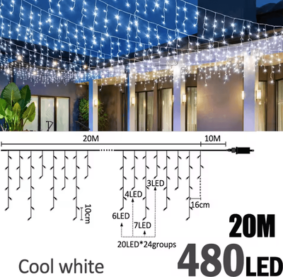 Inspire Curations Waterproof 8 Mode LED Icicle Curtain Lights btd 20m480b cw au Plug