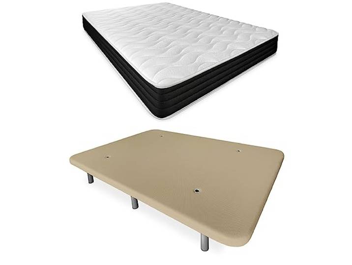 DUÉRMETE ONLINE Komplettes Bett mit wendbarer Visko-Matratze + verstärktem Polsterboden, Beige mit 6 Beinen, Holz, 90 x 190 cm