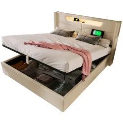 Polsterbett 160x200 mit LED-Beleuchtung, USB-Anschlüssen und Stauraum – modernes Design aus Leinen, Eisenrahmen und hoher Stabilität