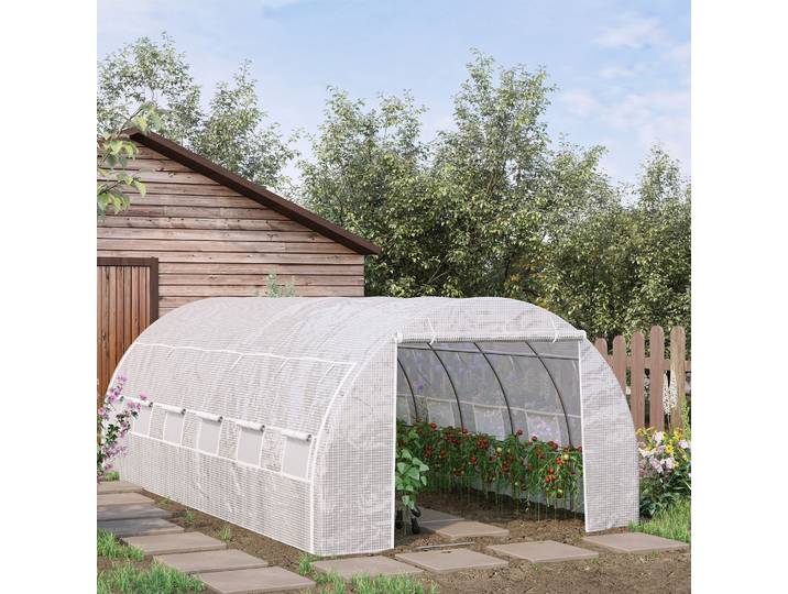 Outsunny Serre Jardin 18m² Porte Zippée Acier PE Blanc