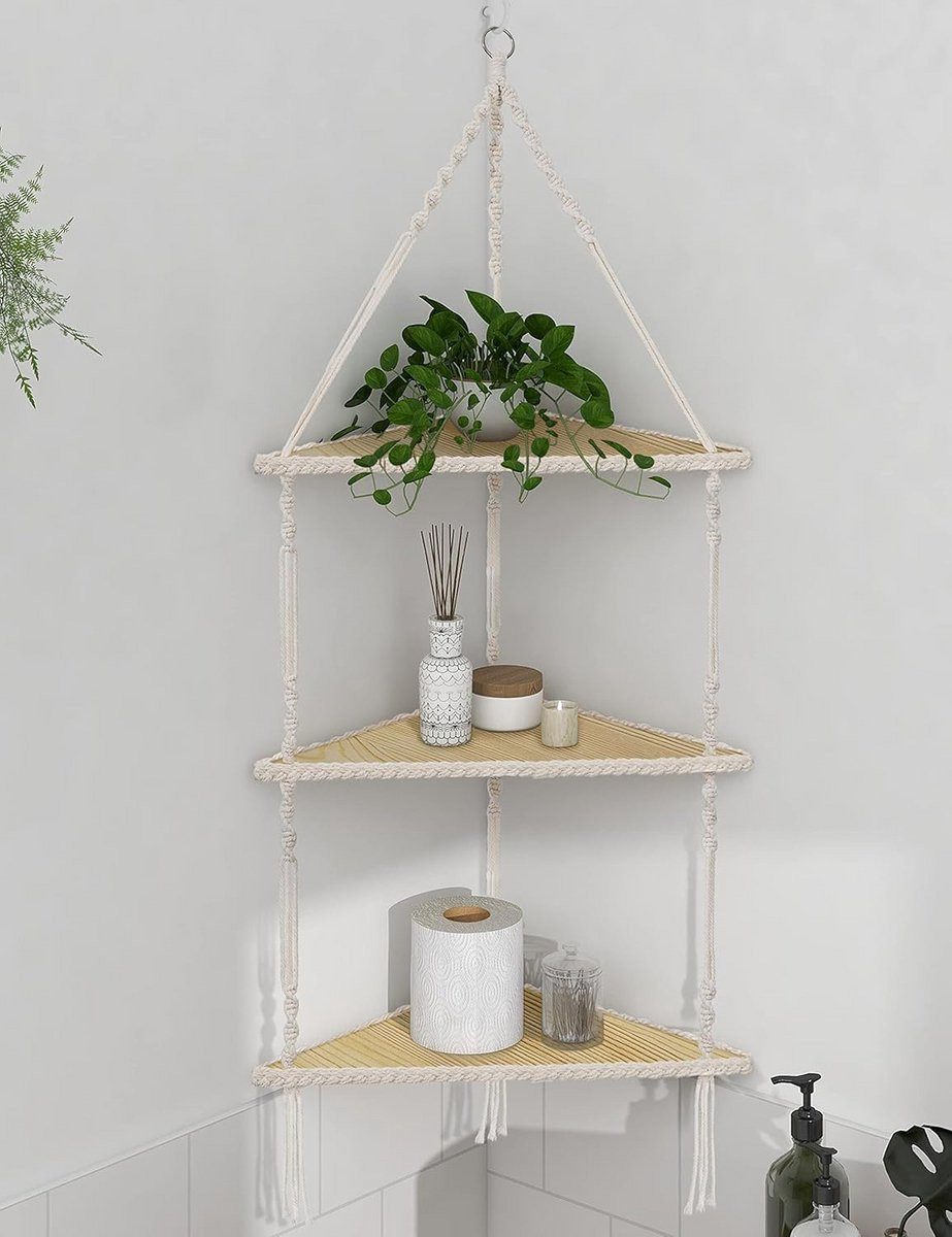 Hangende Hoekplank Hout - 3 Laags Boho Wandplank