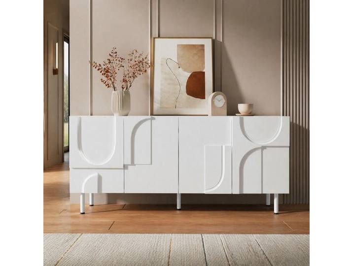 Buffet bahut blanc 160 x 38 5 x 70 cm design géométrique 4 portes ouverture silencieuse