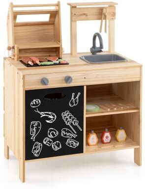 Costway Wooden Barbecue Grill Playset with Chalkboard and Sink and Cabinet-Natural