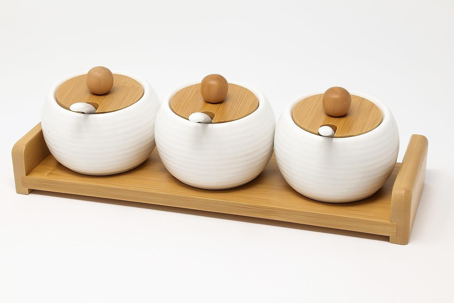 Merkloze Set van 3 Stapelbare Chutney Canisters met Houten Deksel en Tray