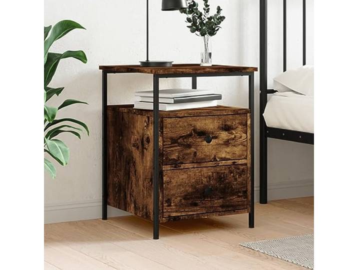 HEFZGDB Nachttisch Räuchereiche 44x45x60 cm Holzwerkstoff Industrie-Stil Beistelltisch mit Eisenrahmen und 4 verstellbaren Beinen, langlebig Stabiler Stauraum für Wohnraum