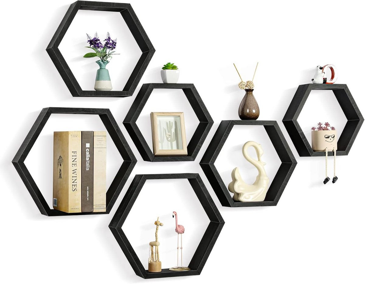 Set van 6 zeshoekige zwevende wandplanken voor wanddecoratie en opslag