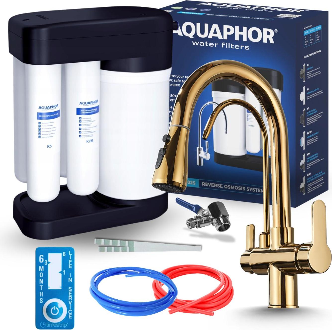 3-Wege-Küchenarmatur Nordic mit Umkehrosmose Morion 102S RO, separater Auslauf für gefiltertes Wasser, herausziehbare Brause, drehbarer Auslauf (Gold)
