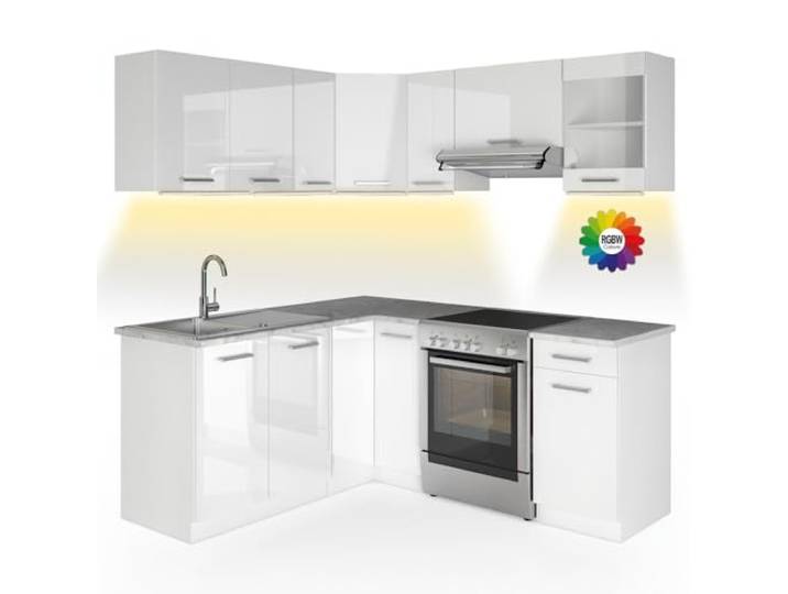 Vicco Eckküche Rick, Weiß, 167 x 60 cm, AP Marmor mit LED-Leisten