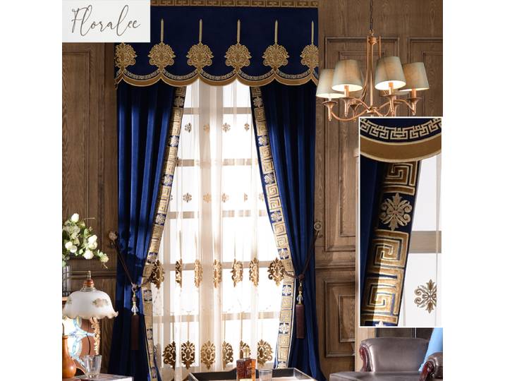 Rideaux de luxe rideaux brodés en velours bleu pour salon chambre écran de fenêtre brodé européen-américain taille personnalisée