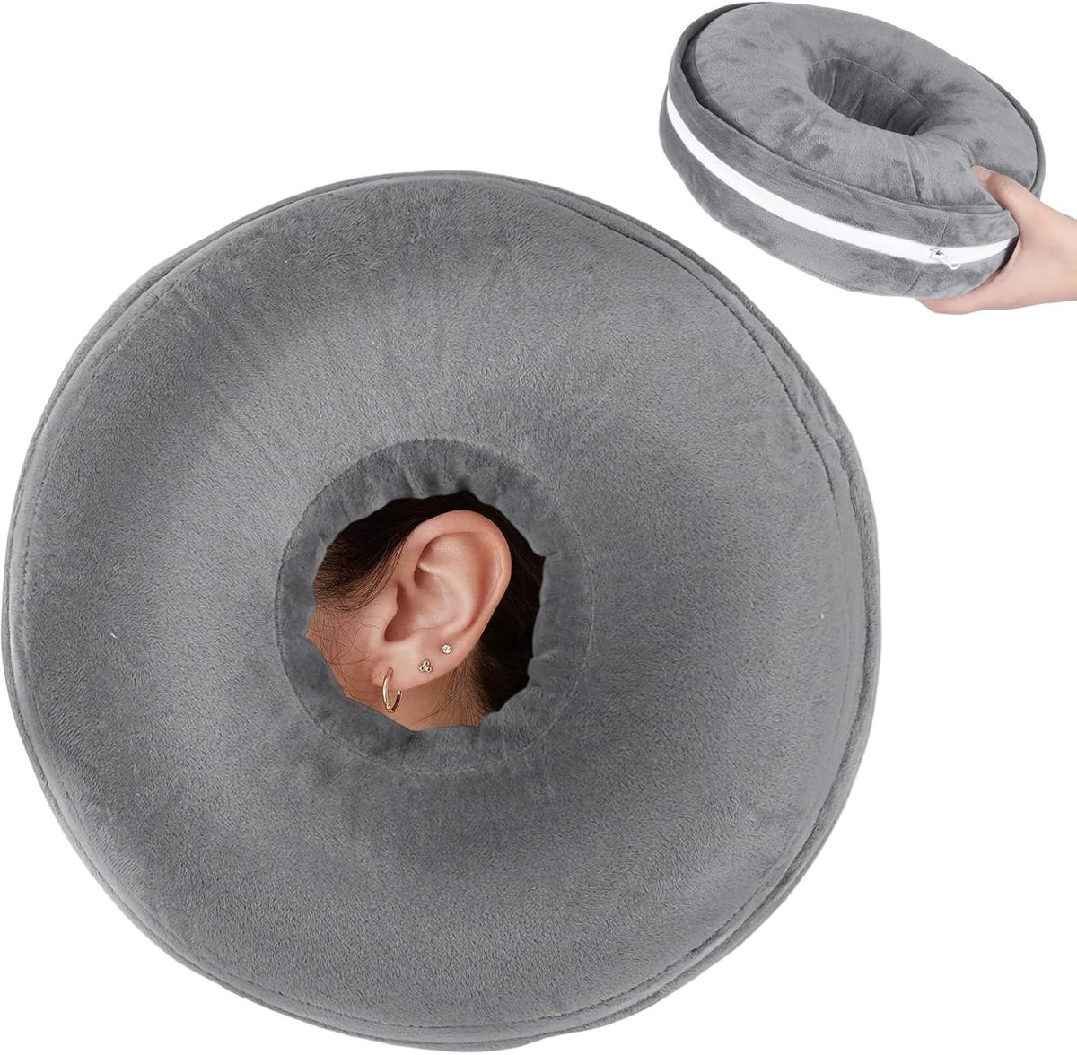 Winmany Oorpiercing Kussen met Verwijderbare Pluche Hoes voor Zijslapers, Donut Kussen voor Oorkappen, Donkerblauw