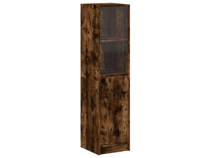 LASWWQMRF Highboard mit Glastür Räuchereiche 35x37x142 cm Schrank Schlanker Vitrinenschrank aus Holzwerkstoff mit 4 Fächern fürs Wohnzimmer, bietet stilvollen Präsentationsraum.