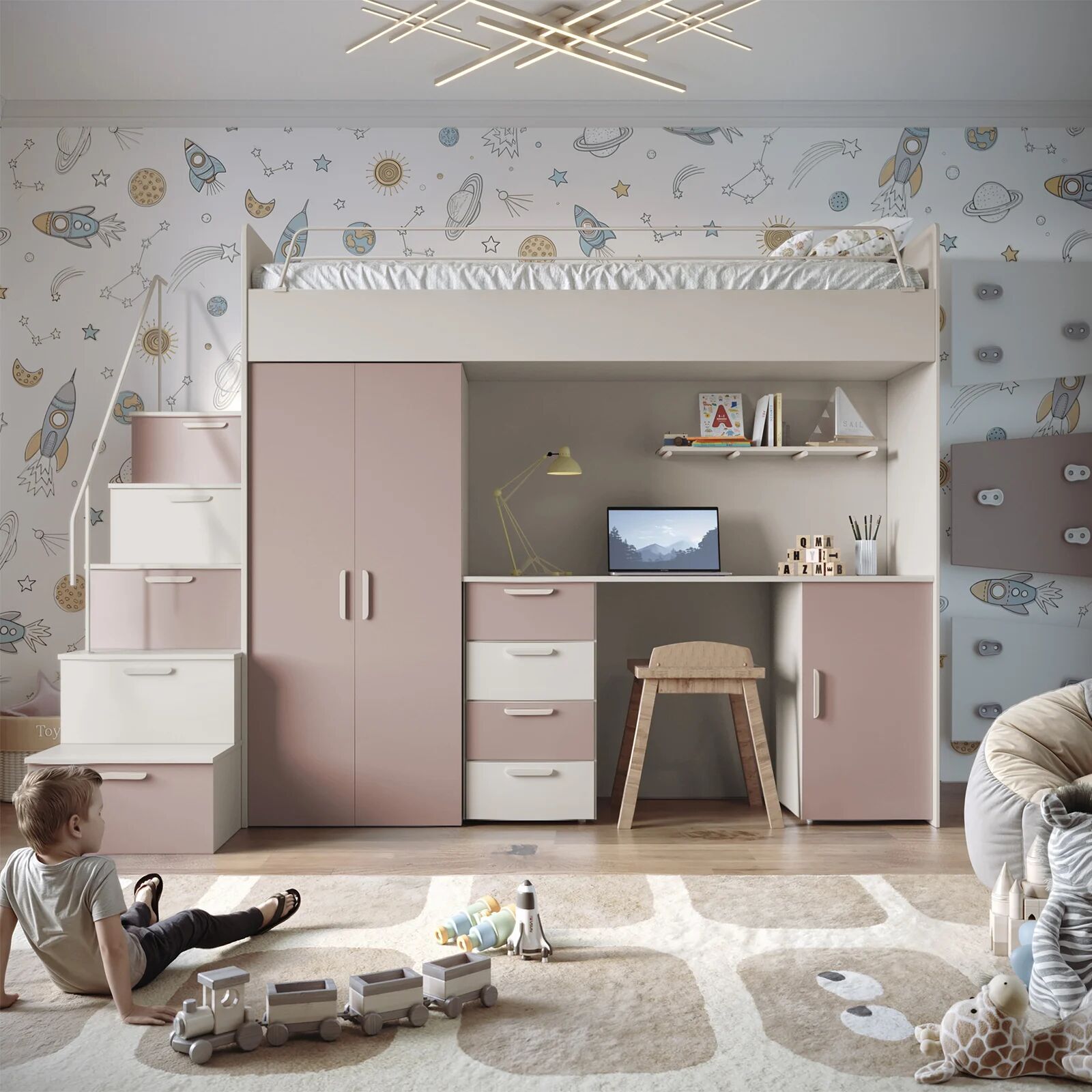 garneroarredamenti Cameretta 254x120cm 1 letto soppalco cashmere rosa Simone