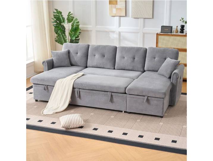 Modenuit Canapé d'angle en U convertible 4 places chenille gris avec coffre de rangement