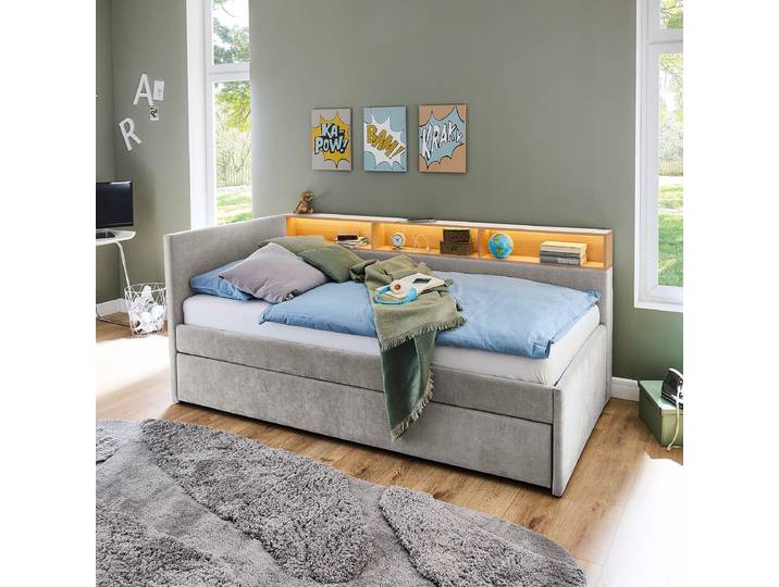 Beleuchtetes Polsterbett Uno - Schublade 90 x 200cm Grau/Eiche Dekor