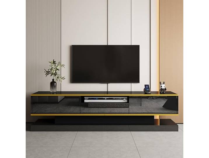 Merax TV-Schrank 180 cm mit LED Beleuchtung, Hochglanz Fernsehschrank mit 3 Schubladen & offenem Fach, Lowboard mit Farbwechsel Licht, TV Board für Wohnzimmer 180x38x45cm - Schwarz
