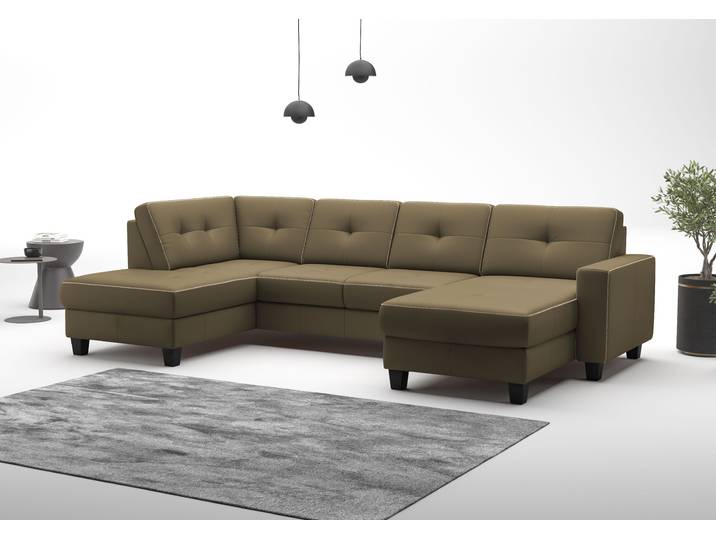 Wohnlandschaft, Olive, 304x170 cm, NaturLeder, Mit Bettfunktion, Modern