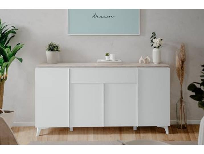 möbelando Sideboard >Bertrix< in Sandstein/weiß - 177x92x40cm (BxHxT)