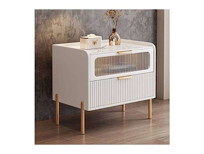 YANG11FAN Vielseitig Nachttische mit Felsplatten-Arbeitsplatte Glastür und Stauraum auf 2 Ebenen(L45xD38xH50cm)