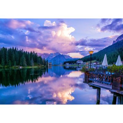 Fototapete PAPERMOON "MISURENA SEE-DOLOMITEN GEBIRGE ALPEN DORF TIROL WALD", bunt, B:3,5m L:2,6m, Vlies, Tapeten