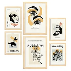 POSTER Set Mit 6 In Schwarzer Tinte Mächtig Kunstdrucke Im Skizzenstil Für Innenarchitektur A3 & A4 Rahmen Aus Hellem Holz