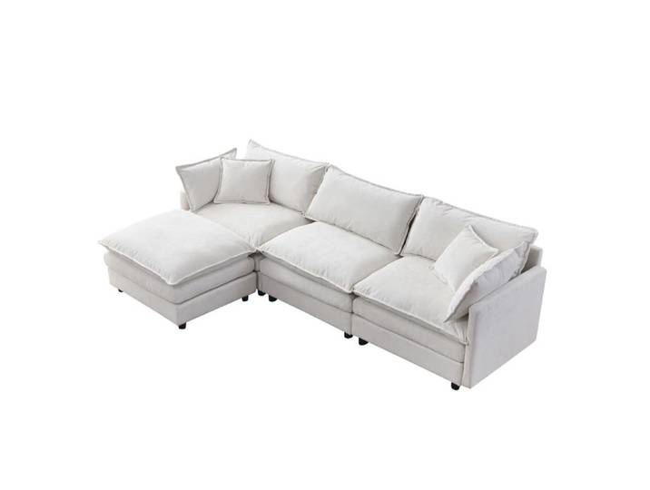 ULEVR canapé d angle en L modulaire 3 places avec pouf mobile - chenille structure robuste en bois beige