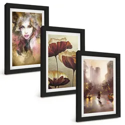 BILDER SET 3er Set - 20x30 cm Schwarzer Rahmen - Abstraktes Porträt einer Frau mit Blumen und Regen