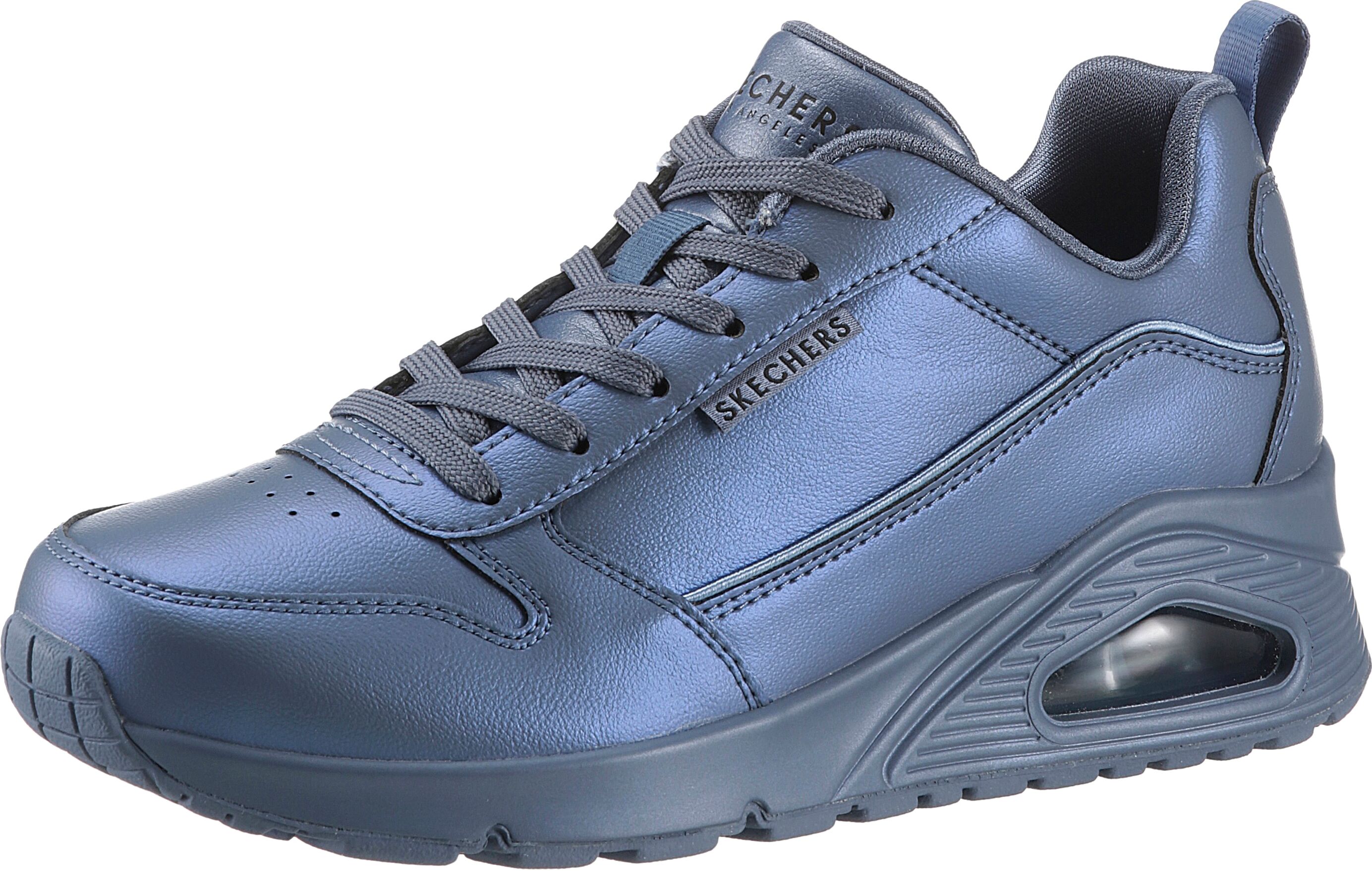 Sneaker SKECHERS "UNO-GALACTIC GAL", Damen, Gr. 35, Textil, blau (graublau metallic), Lederimitat, metallic, schimmernd, Schuhe Sneaker, Freizeitschuh, Keilsneaker, Schnürschuh mit Skech Air Ausstattung graublau metallic 35, Textil