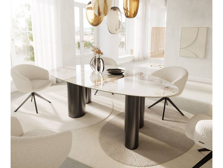 Esstisch Edge Oval 220x120 Keramik Minas Melange Weiß-Beige Pilier Edelstahl Graphit, Esstische