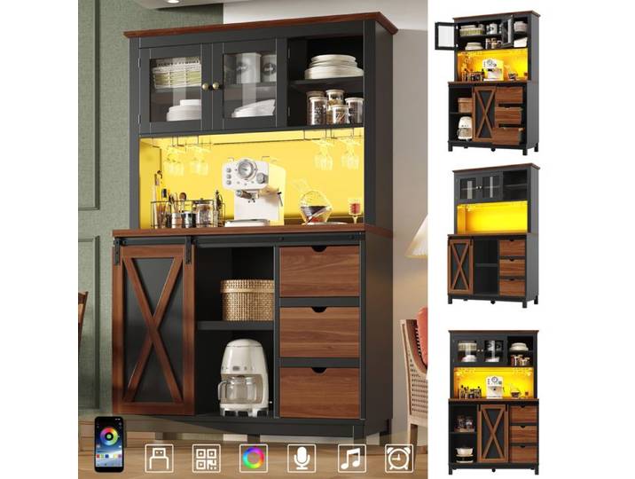 Buffet de cuisine - Armoire porte coulissante style grange - LED APP mode musique - 3 tiroirs - 104×40×180 cm