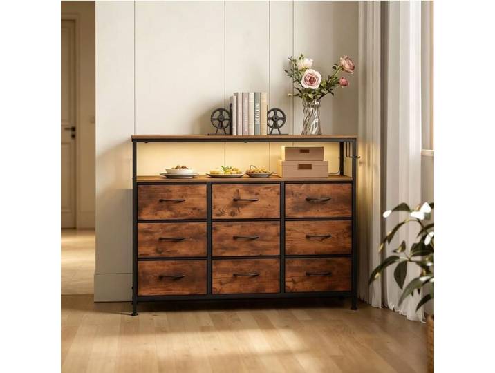 Maisentiel Commode 9 tiroirs 110 x 85 x 30 cm métal et bois rangements LED et multiprise