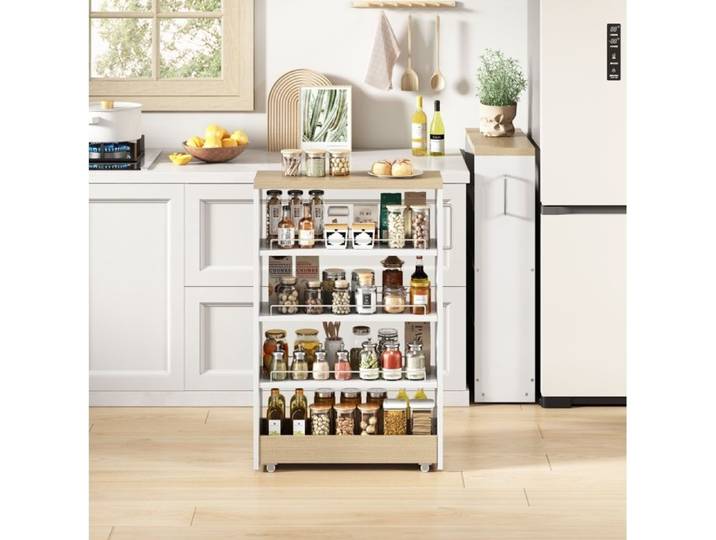 WOVREO desserte de rangement étroite 12 cm sur roulettes 4 étagères réglables blanc et aspect bois