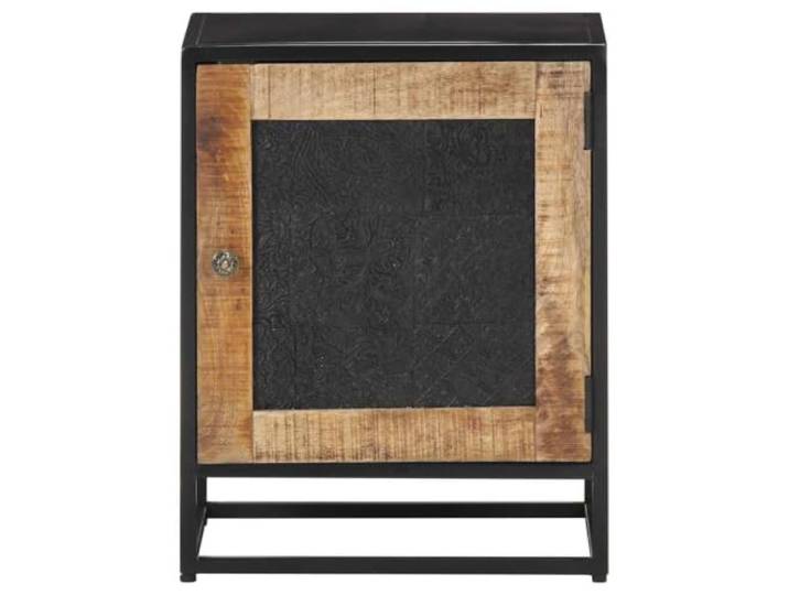 KFGWERSTY Nachttisch Braun 40 x 30 x 50 cm aus massivem Mangoholz Raues Raues Mangoholz mit natürlichem Finish, schwarz pulverbeschichteter Eisenrahmen, handgeschnitztes Muster an der Tür, Fach