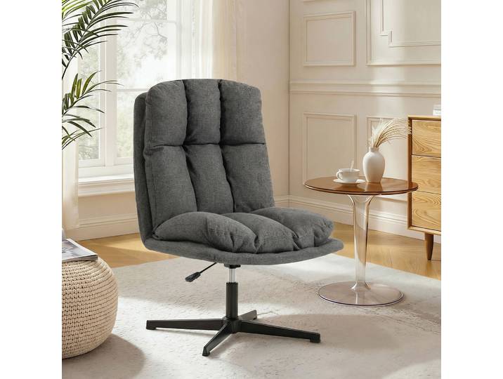 HOMCOM Fauteuil Pivotant Tissu Lin Pieds Métal Gris Foncé