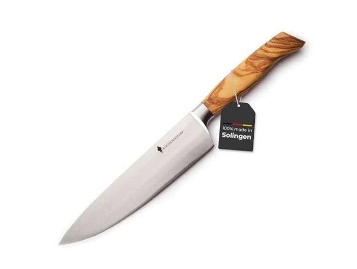 KÜCHENSCHARF Profi Kochmesser 20 cm mit Olivenholzgriff - Ergonomisches Küchenmesser aus 100% Edelstahl für Profi- und Hobbyköche - ideal für Fleisch, Obst & Gemüse - Geschenkset