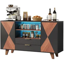 Merax Sideboard 150x40x90 cm, Küchenschrank mit LED-Beleuchtung, Schubladen & verstellbaren Einlegeböden, Aufbewahrungsschrank, Schwarz