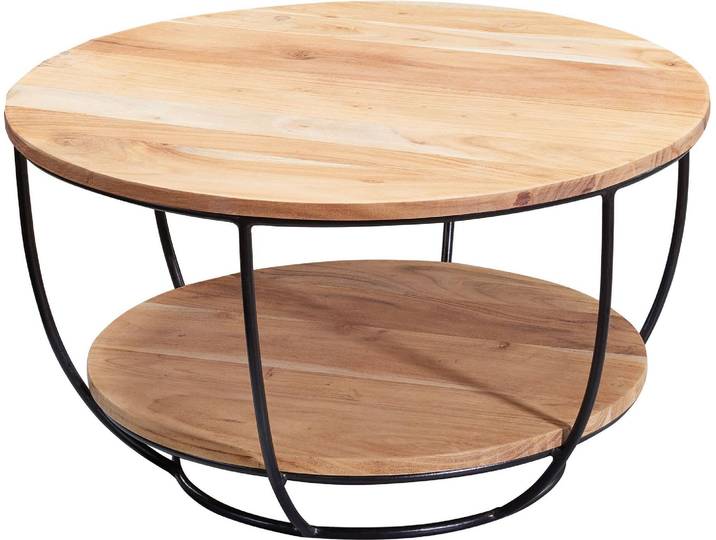 Couchtisch Akazie Massivholz Metall Rund Industrial Braun mit Ablage