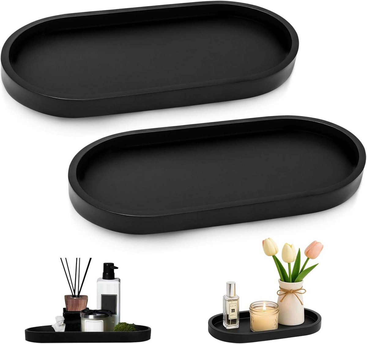 2x Ovale Siliconen Dienblad Zwart Decoratief voor Badkamer en Make-up