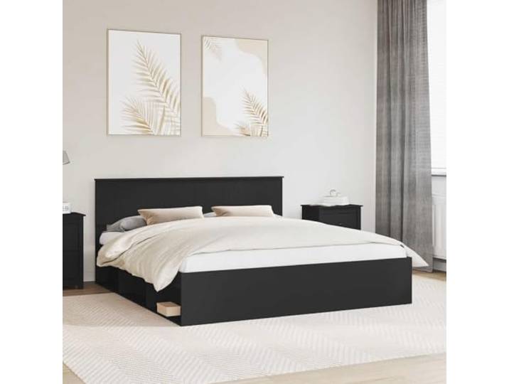 RJPLMFV Bettgestell mit Kopfteil, Schwarz, 180 x 200 cm, massives Kiefernholz