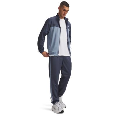 Trainingsanzug UNDER ARMOUR "UA EMEA TRACKSUIT NOVELTY", Herren, Gr. XXL, blau (downpour gray, blau wind, weiß), Obermaterial: 100% Polyester, Sportanzüge Trainingsanzug, Trainingsanzug als zweiteiliges Outfit, aus Polyester