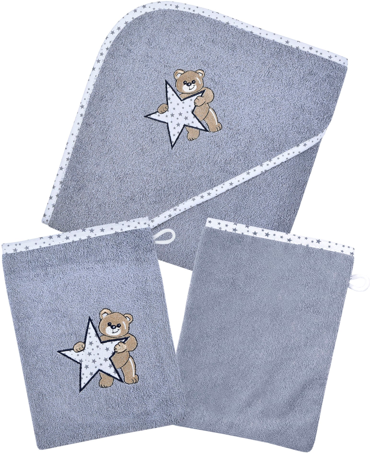Handtuch Set WÖRNER "Teddy/Stern Kapuzenbadetuch mit 2 Waschhandschuhen", grau, 3 Stk., Stern, Frottier, Frottier, Obermaterial: 100% Baumwolle, Handtücher, Handtuch Set, mit süsser Teddystickerei grau 3 Stk., Stern, Frottier