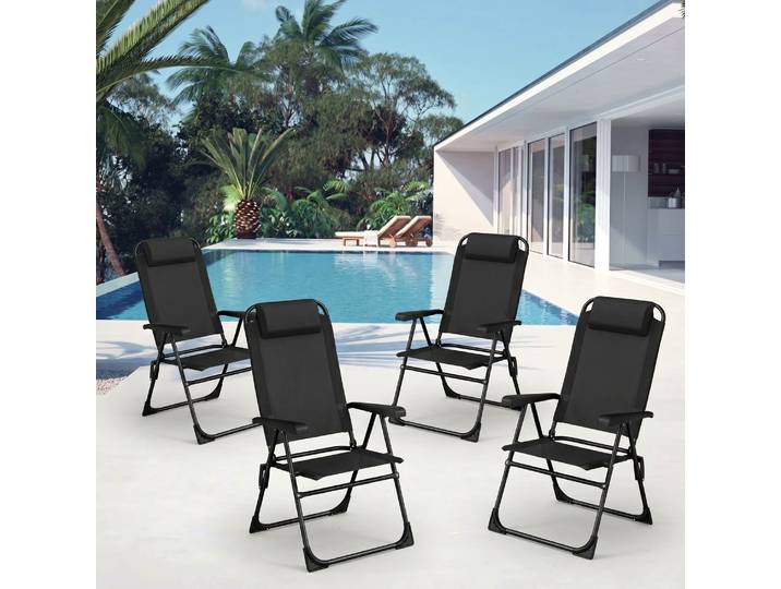 Ensemble de 4 chaises de jardin, chaises de camping pliantes avec appui-tête, dossier réglable en 5 positions, ergonomiques, pour piscine, patio, camping