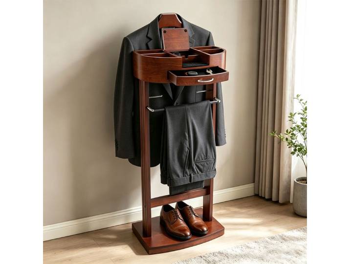 Valet de nuit en bois de bouleau massif avec tiroir porte-vêtements avec porte-pantalons pied porte-manteau avec porte-chaussures