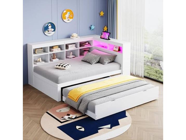 Ball & Cast Schlafsofa (90 * 200cm) Kinderbett mit Vielen Ablagefächern, mit USB-Anschlüssen und Licht Multifunktionales Schlafsofa aus Massivholz, Weiß