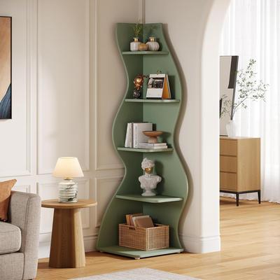 BLUEBELL 5-Tier Curved Wavy Corner Bookshelf, Freestanding Plant Stand Bookcase for Living Room