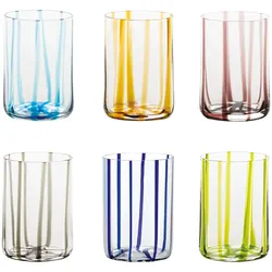 Zafferano Set aus 6 handgefertigten, farbigen Glasbechern, elegantes Design mit erhabenen Linien, verschiedene Farben, handwerkliche Qualität