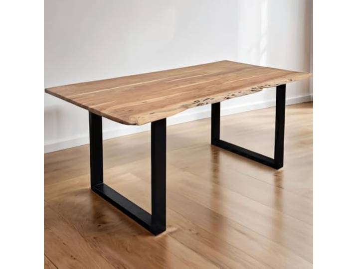 trelevo Esszimmertisch 240x100 cm Akazie naturfarben U-Gestell Baumkante Akazienholz massiv 26mm, Tischplatte, schwarz, Baumkantentisch